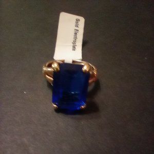 Seta Gold Tone Emerald Cut Simulated Sapphire Color Solitaire Ring Size 6